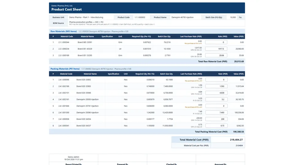 Product cost sheet showing BOM quantities times last purchase rate for raw and packing materials and the material cost per pack