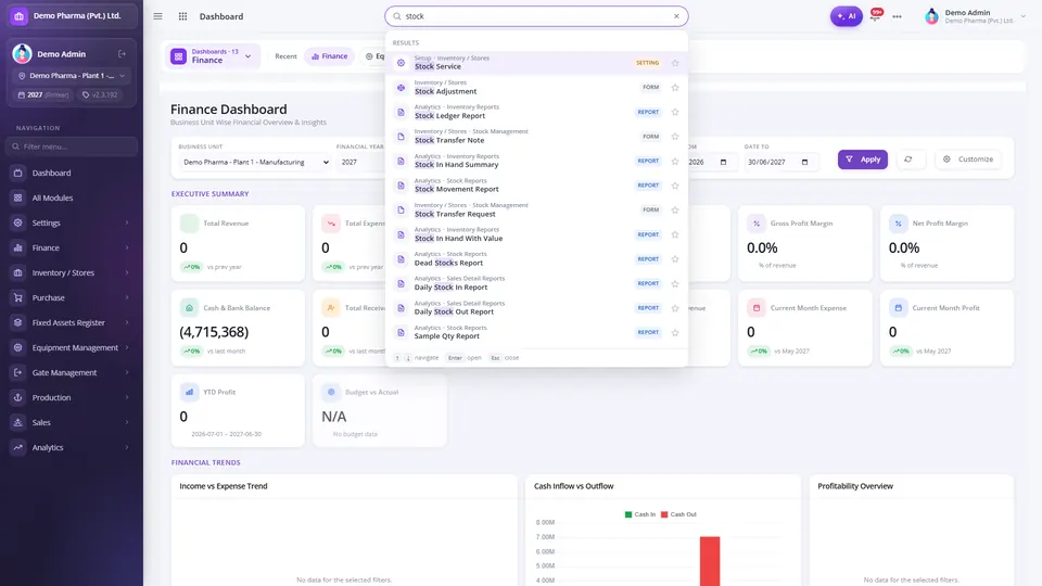Global search dialog opened with Ctrl+K showing type-ahead results for forms, reports and dashboards matching the word stock