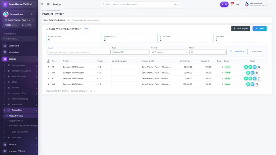 Stage-wise product profiler showing bulk manufacturing and packing BOM versions with batch size and version status