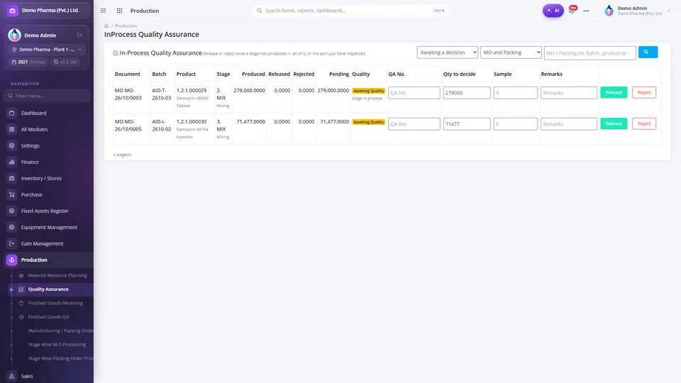 In-process QA queue for releasing or rejecting each manufacturing stage per batch, including partial quantities